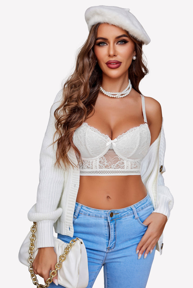 White lace bra set with beret and cardigan, high waist panty, romantic night.