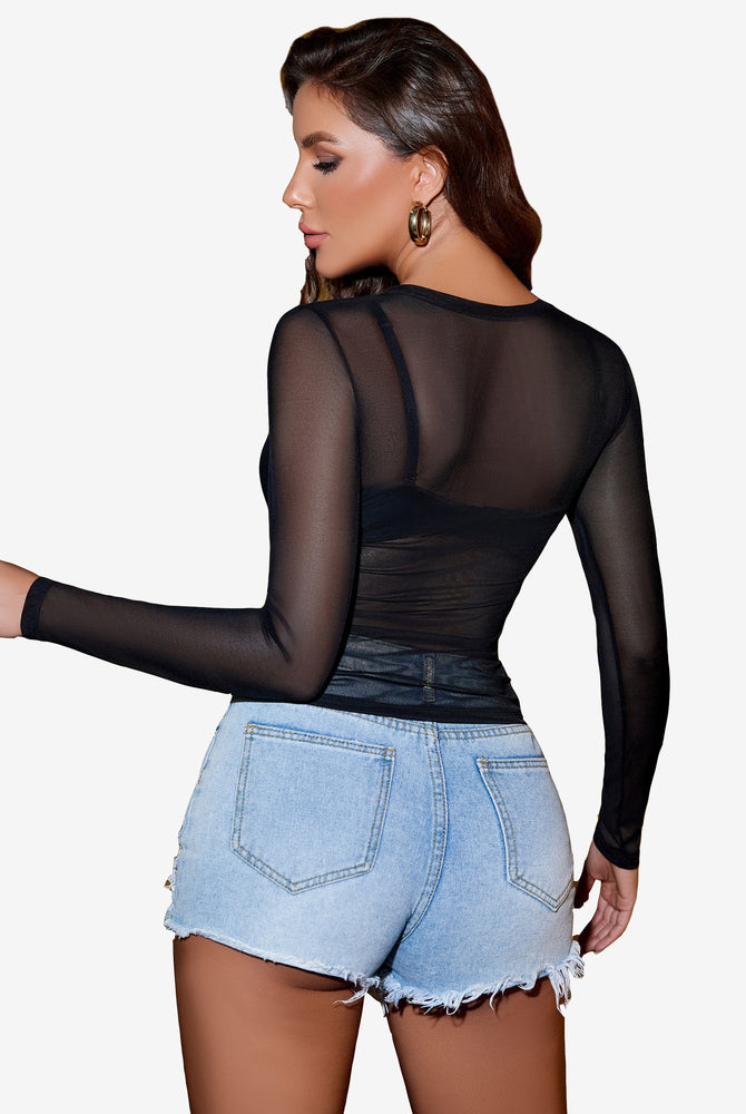 Black sheer long sleeve blouse with denim shorts. Avidlove sexy lingerie.