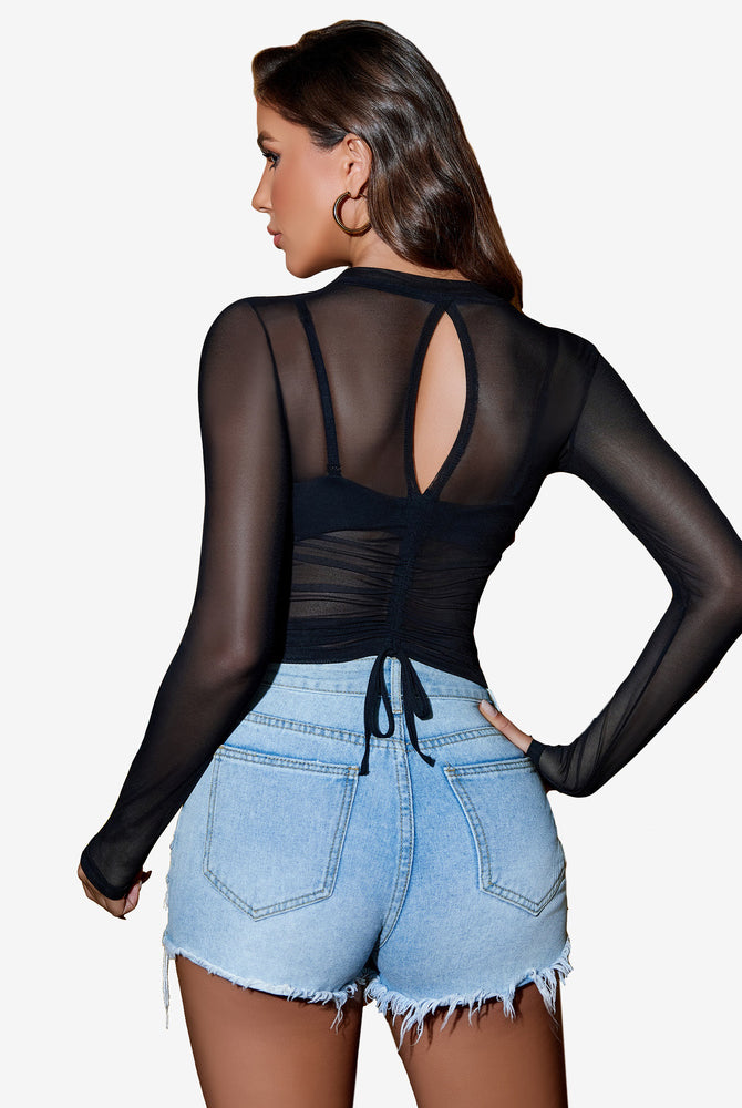 Avidlove black sheer blouse with drawstring detail and denim shorts, sexy lingerie