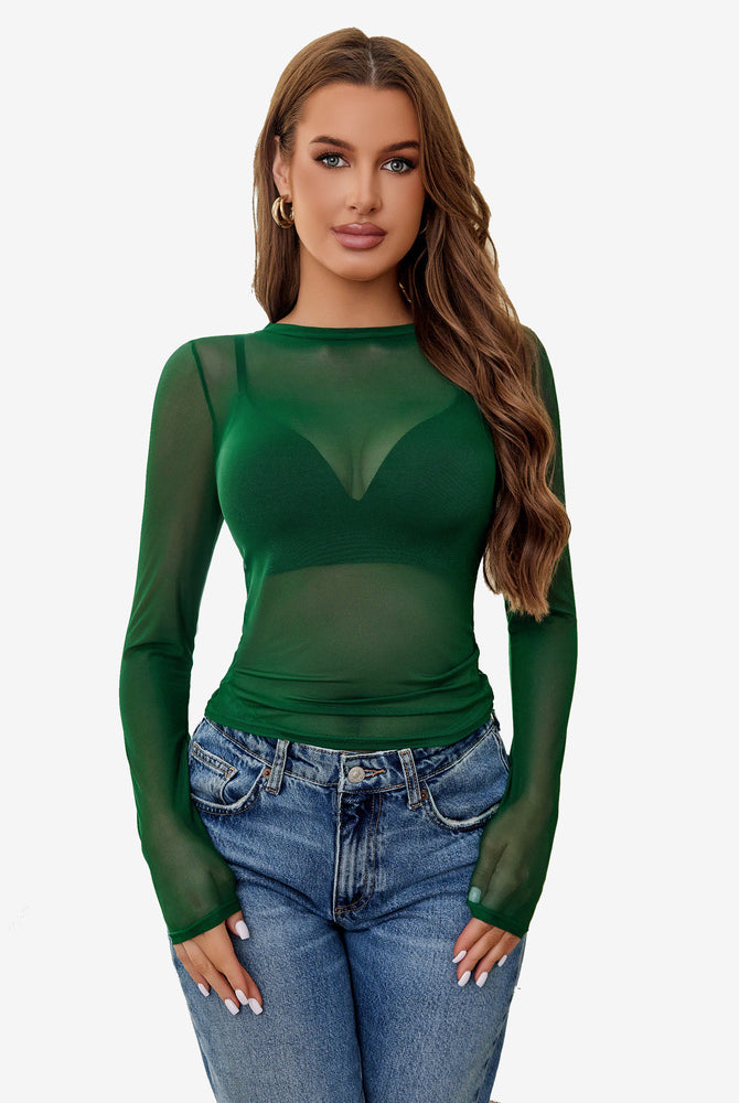 Green sheer blouse with long sleeves paired with denim jeans. Avidlove sexy lingerie.