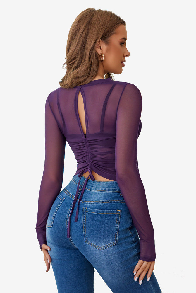 Purple sheer drawstring blouse with keyhole back and jeans. Avidlove sexy lingerie style.