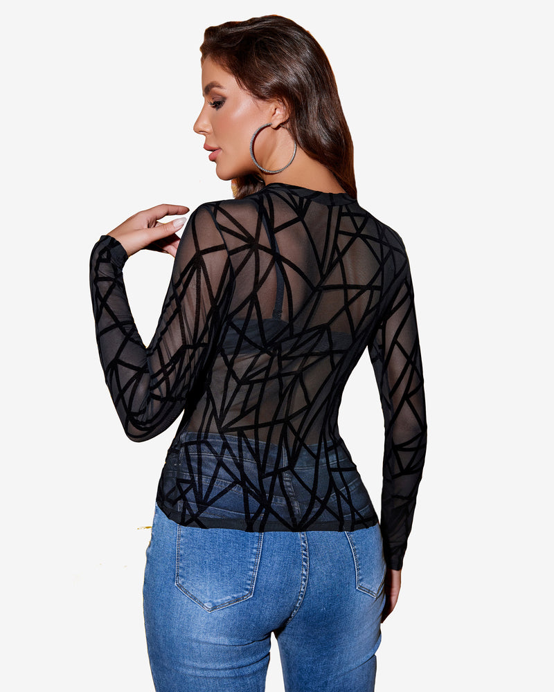 Black sheer top with geometric pattern, long sleeves, and jeans. Avidlove sexy lingerie.