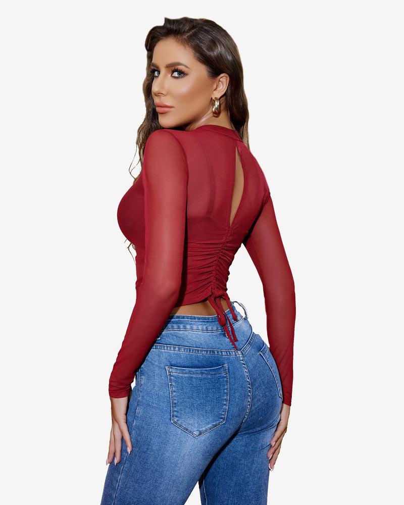 Burgundy sheer blouse with drawstring detail, paired with blue jeans. Avidlove sexy lingerie style.