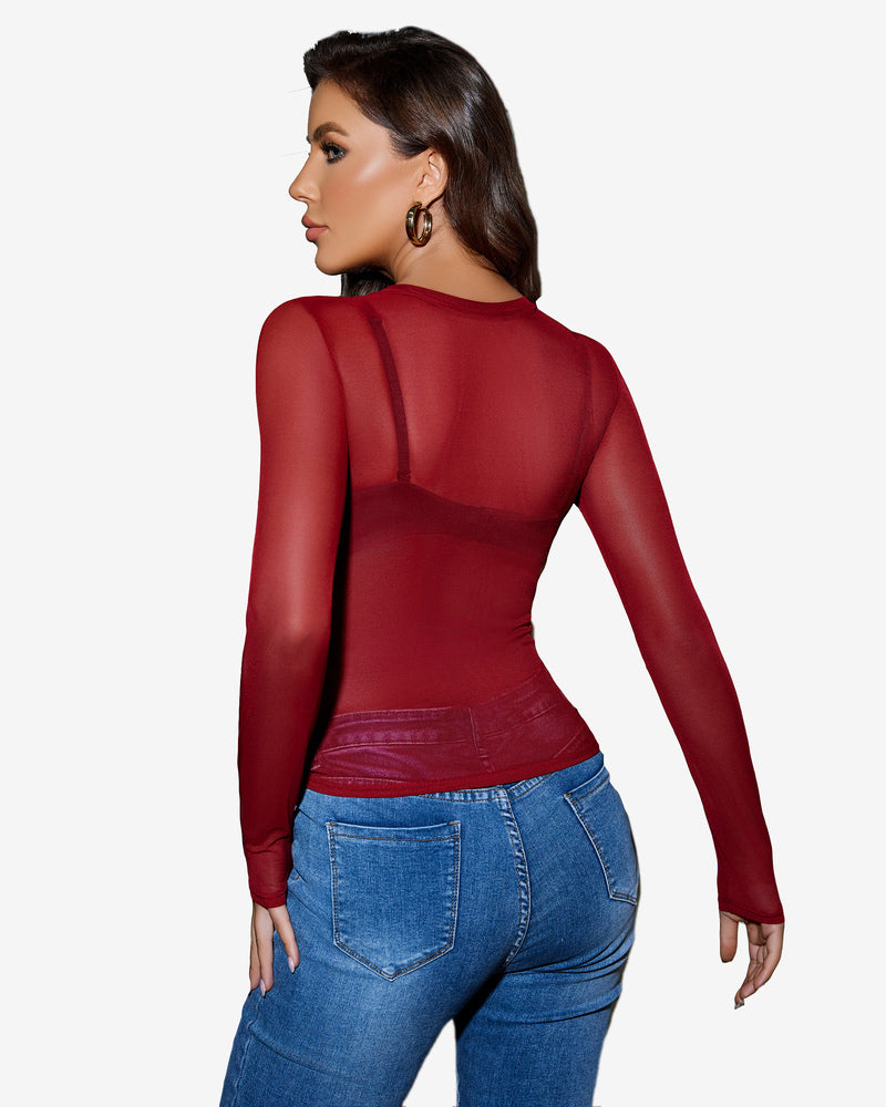 Maroon sheer blouse, long sleeves, paired with blue jeans. Avidlove sexy lingerie.