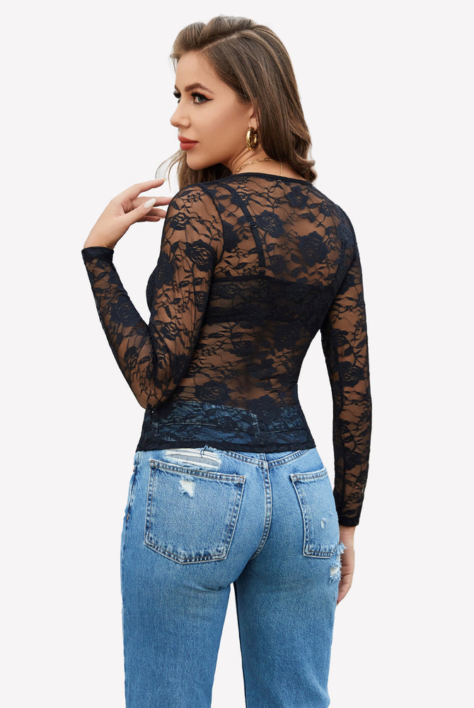 Black mesh sheer floral lace shirt, elegant floral embroidery, perfect for all-day wear