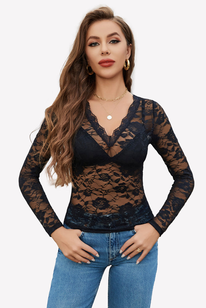 Black mesh sheer floral lace shirt with elegant floral embroidery, perfect for all-day wear
