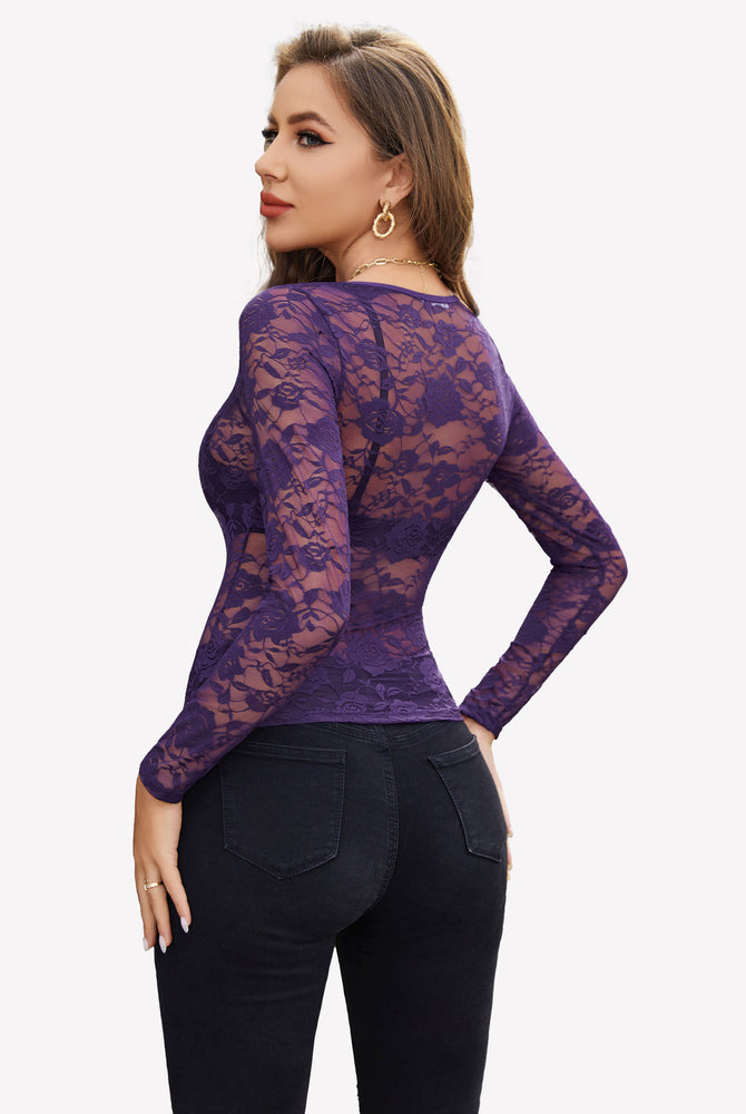 Purple sheer floral lace shirt with floral embroidery, offering sensuality and style.