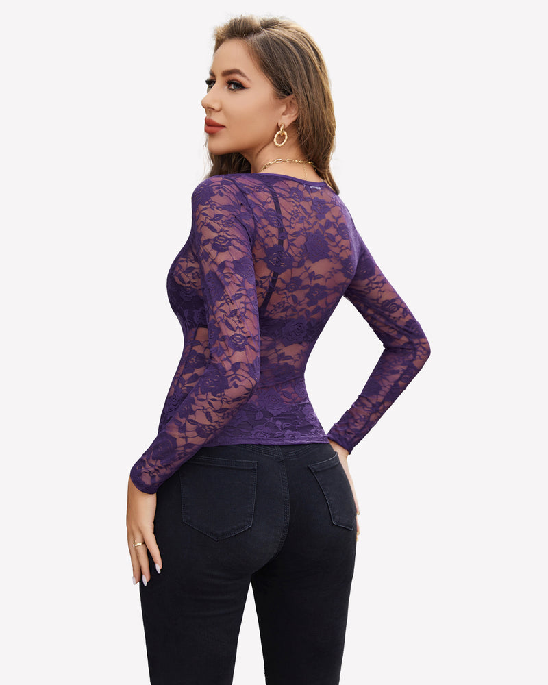 Purple sheer floral lace shirt with floral embroidery, offering sensuality and style.