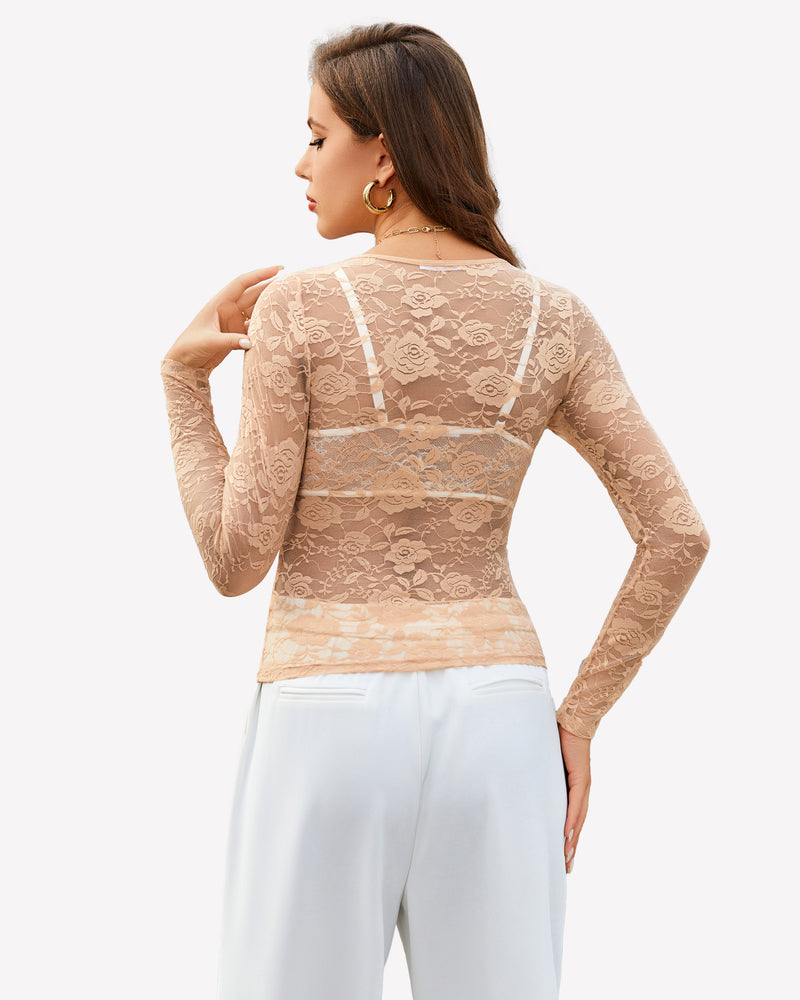 Beige mesh sheer floral lace shirt with floral embroidery, offering sensuality and style.