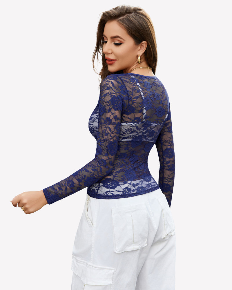 Navy blue mesh sheer floral lace shirt with elegant floral embroidery, perfect for all-day wear