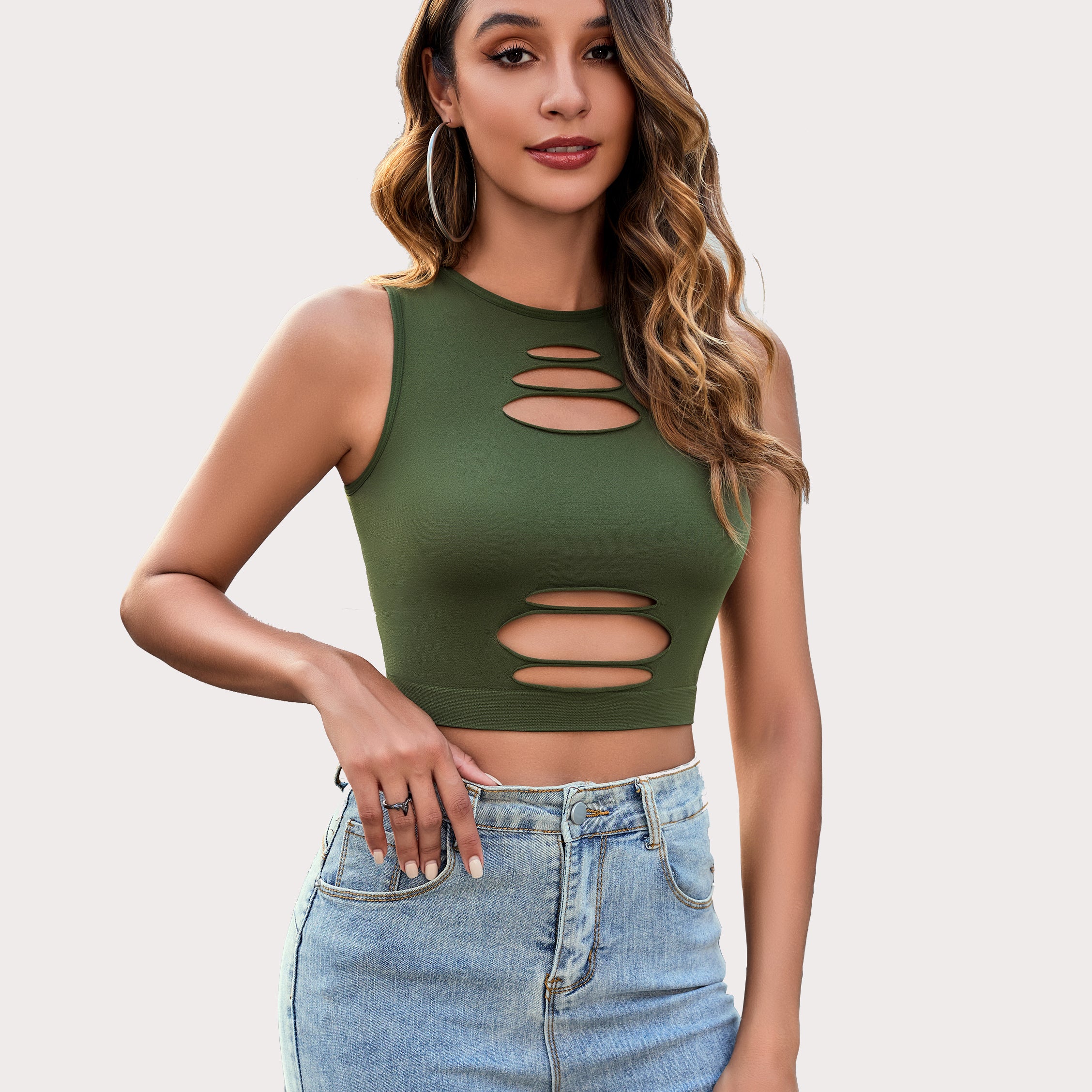 Fishnet Top Cut Out Crop Tank Top in Green, showing attractive curves.