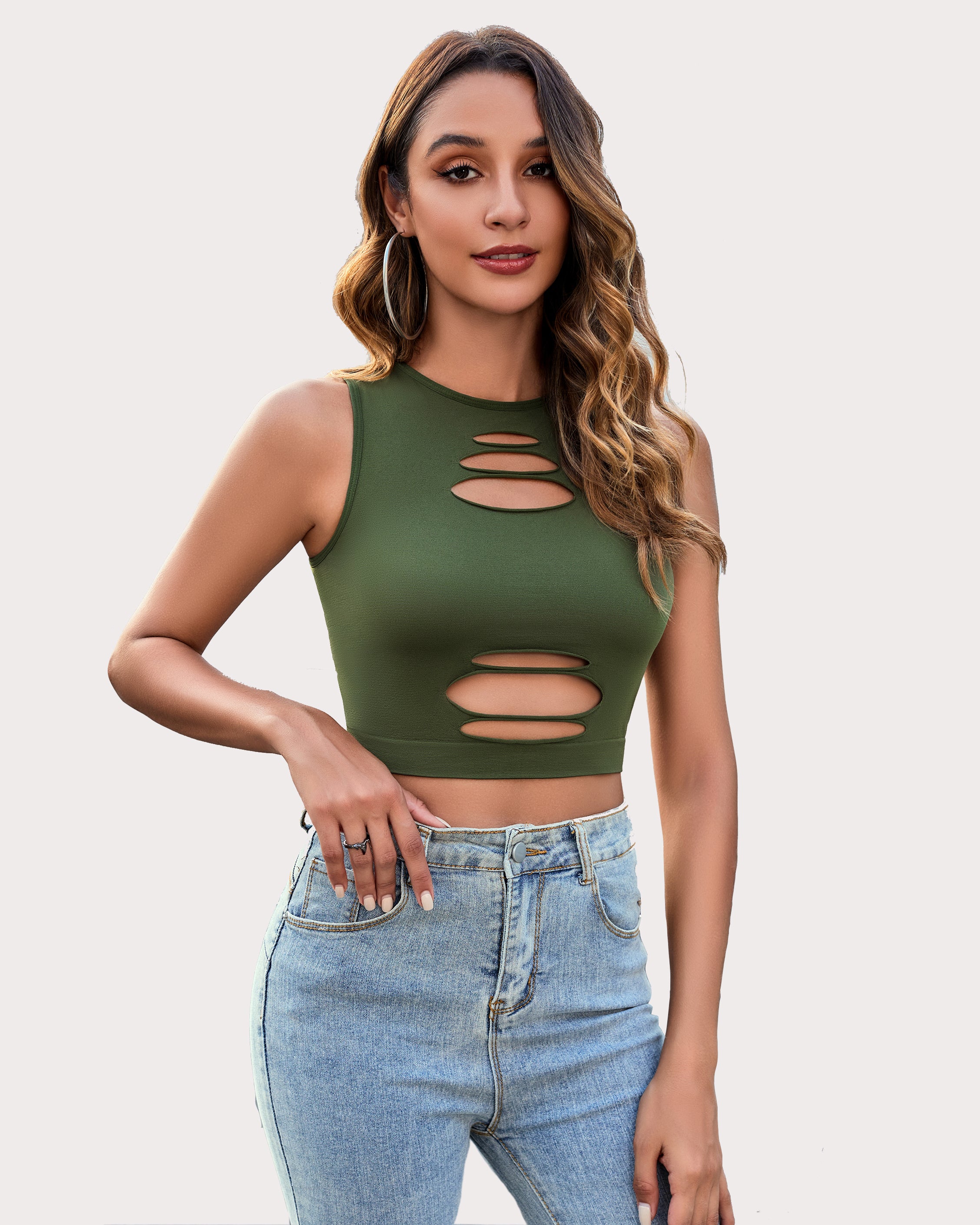 Fishnet Top Cut Out Crop Tank Top in Green, showing attractive curves.