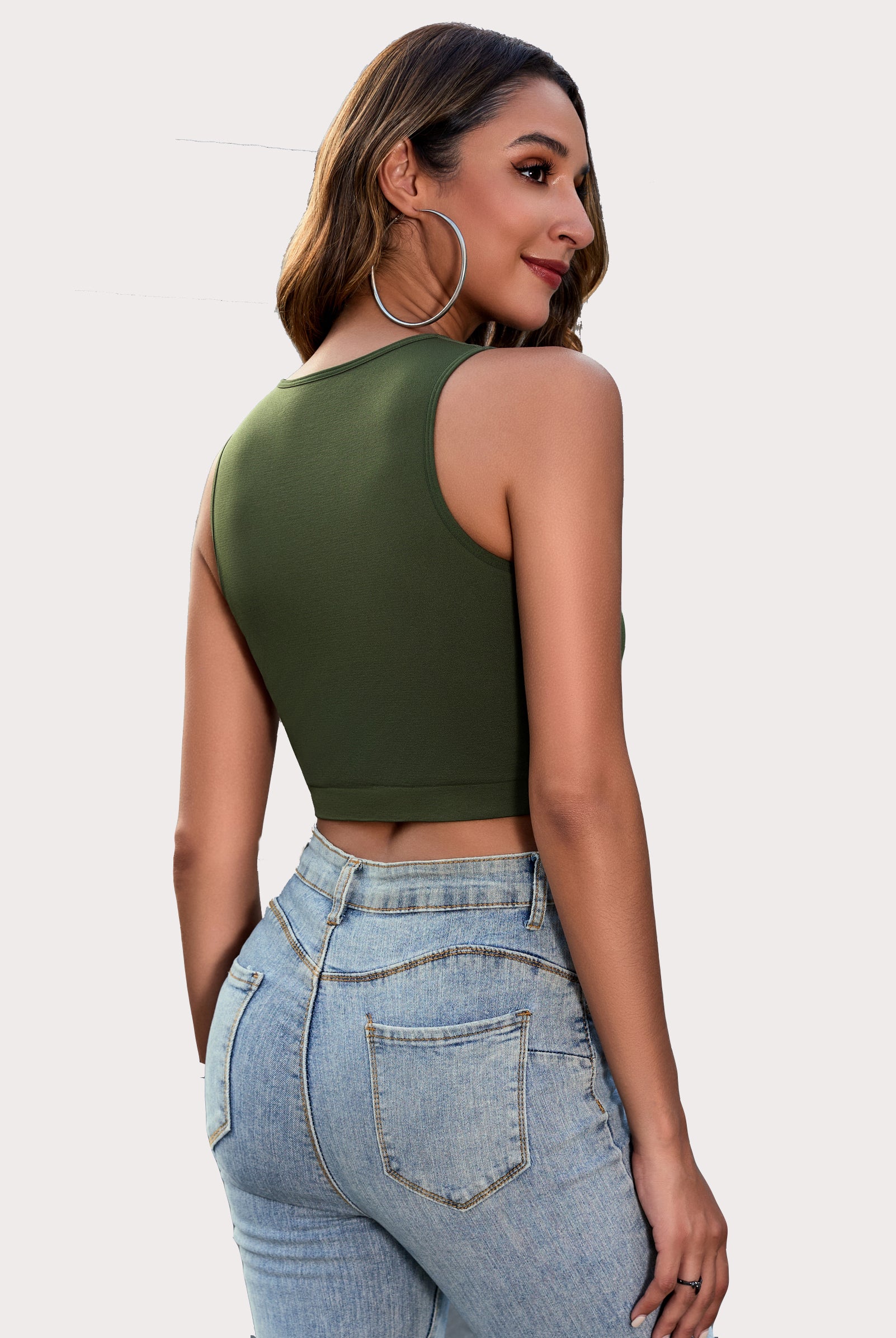Olive green crop tank top and denim shorts, fashionable, showing curves, for women.
