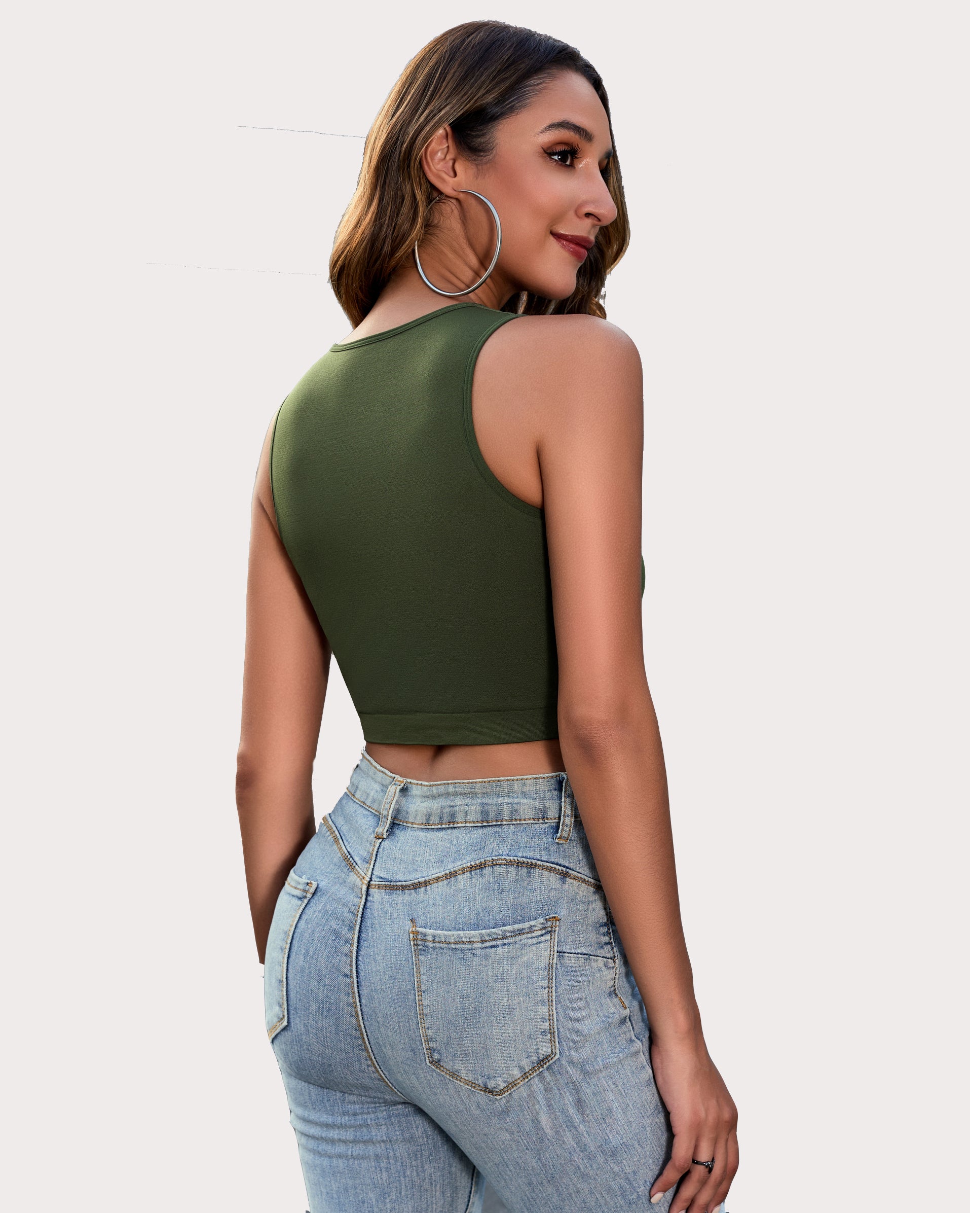 Olive green crop tank top and denim shorts, fashionable, showing curves, for women.