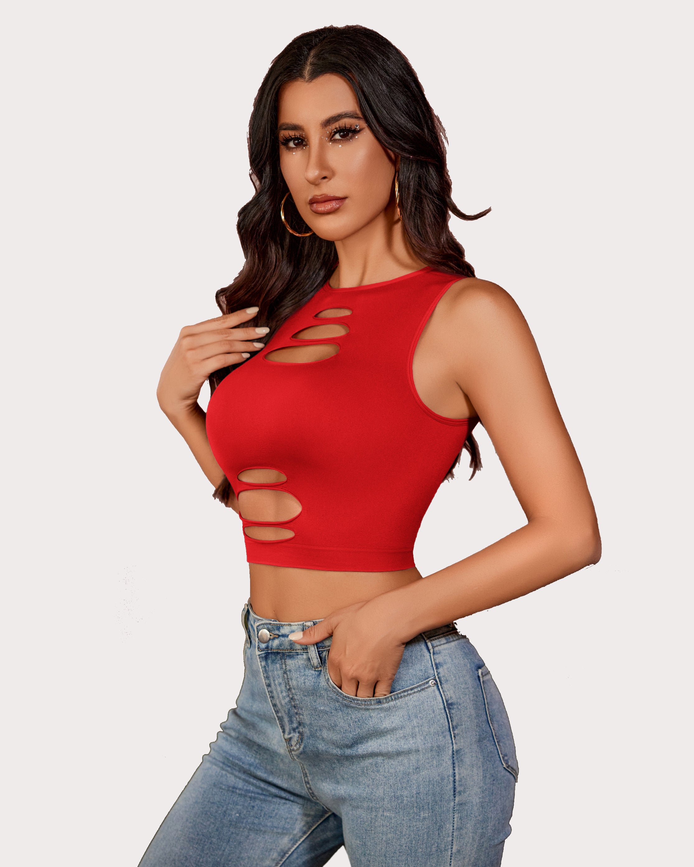 Red cut-out crop tank top and denim jeans, sexy and fashionable for women, Avidlove
