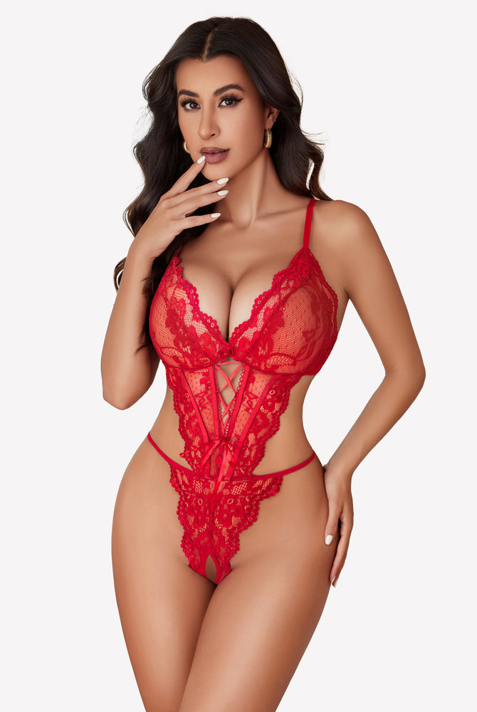Red lace teddy lingerie with adjustable straps and delicate lace details. Sensual and elegant.