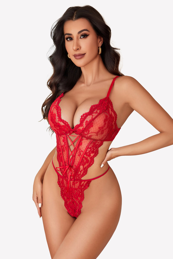 Red lace teddy one piece lingerie with adjustable straps and exquisite lace detailing.