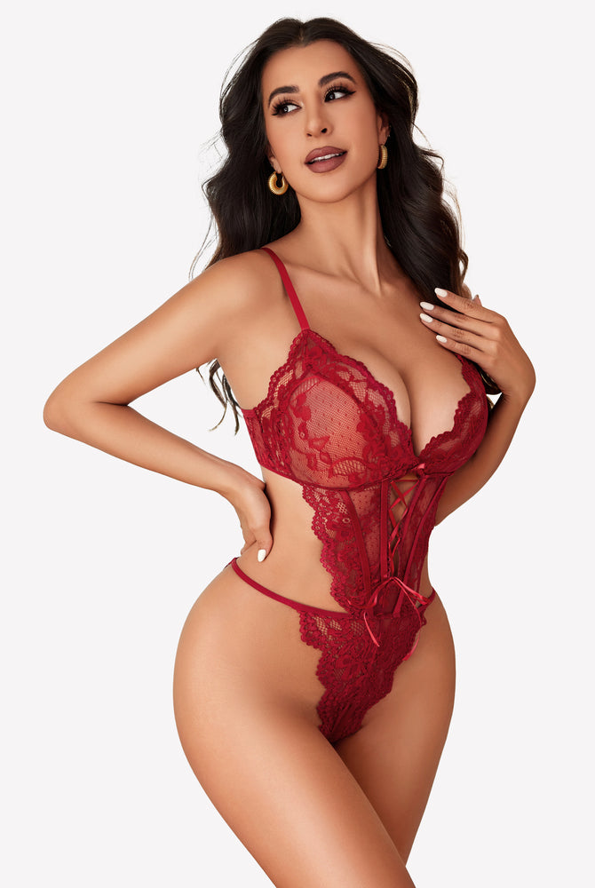 Red lace teddy one-piece lingerie with adjustable straps and exquisite lace detailing