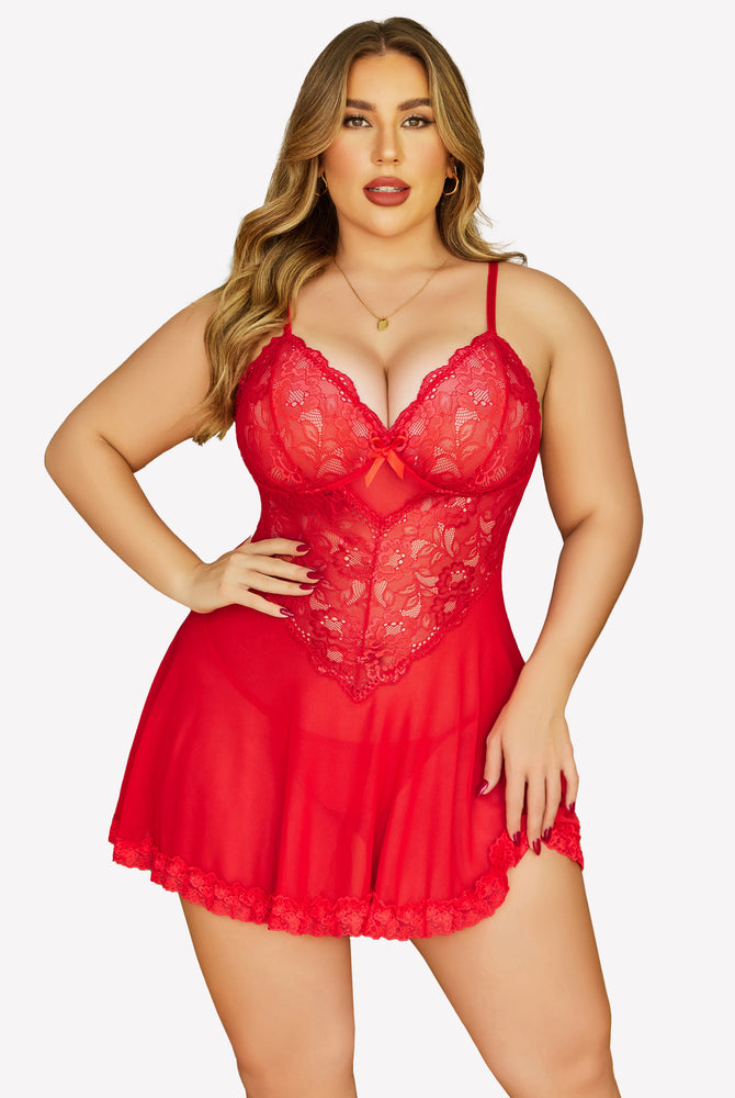 Red lace chemise nightgown with floral lace details, showing a charming figure. Sexy lingerie.