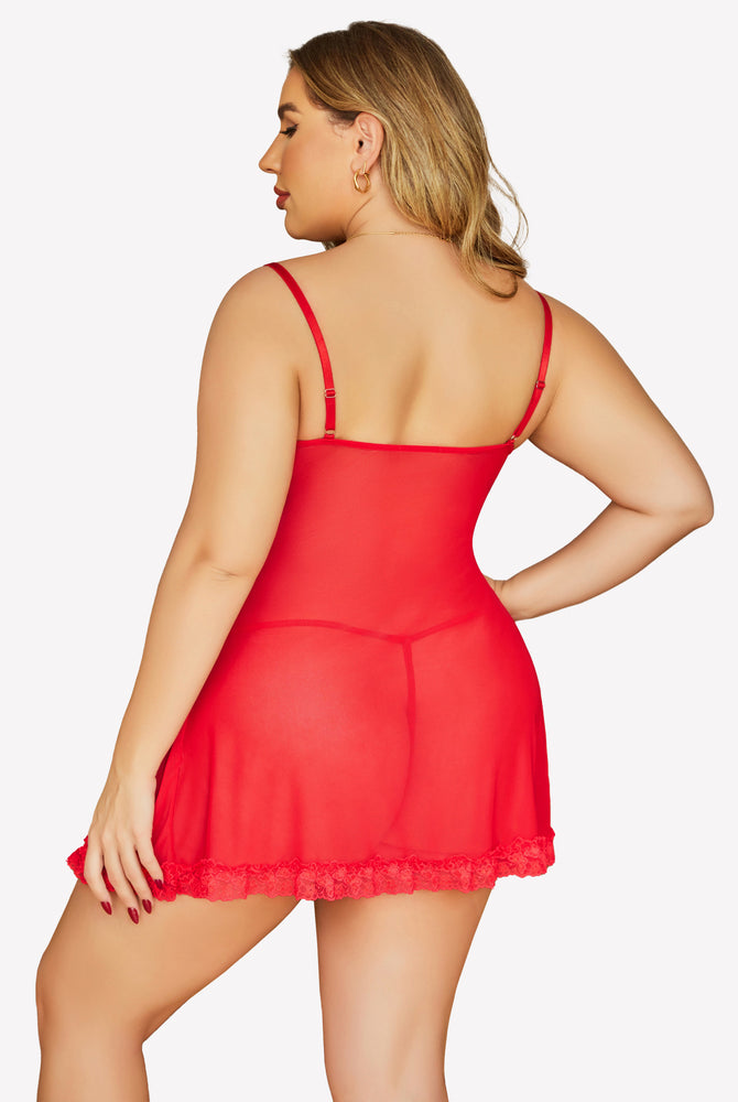 Red lace chemise nightgown, showcasing sheer mesh and floral lace, designed for comfort and style.