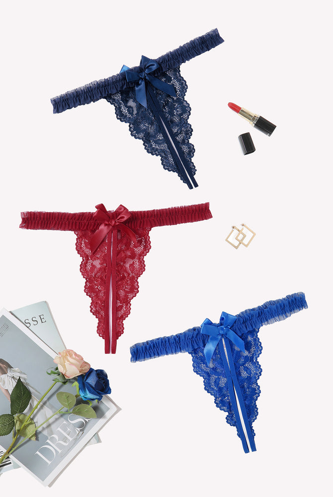 Avidlove floral lace thong panties. Sexy lingerie with bow and ruffle trim in navy, red, and blue.