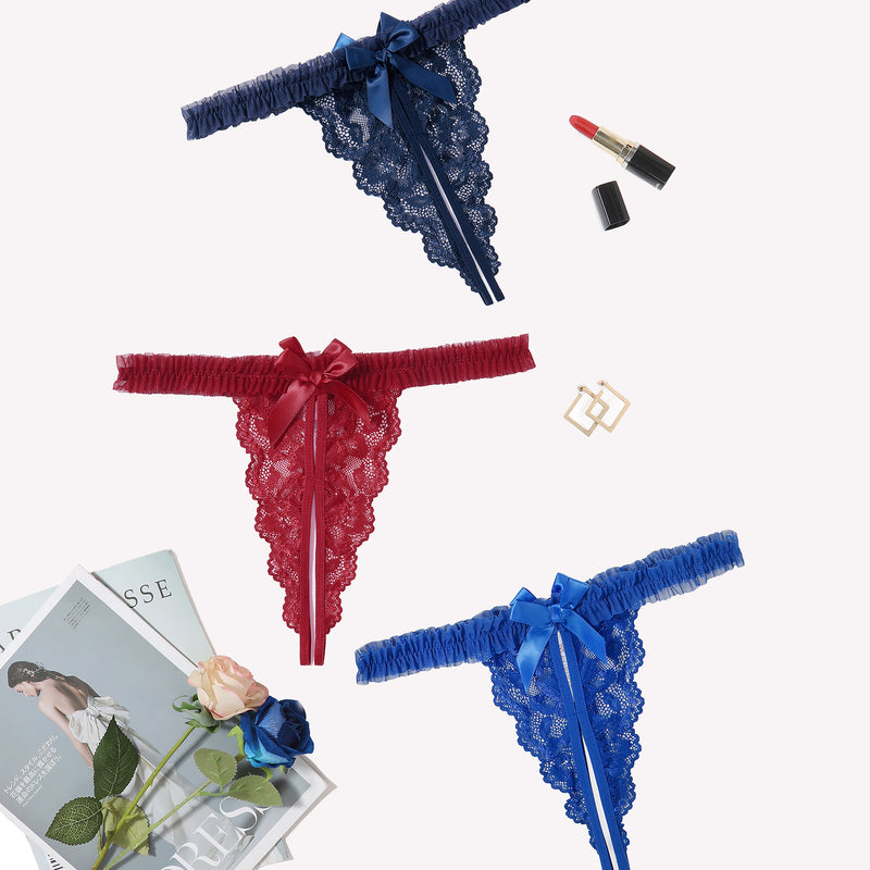 Avidlove floral lace thong panties. Sexy lingerie with bow and ruffle trim in navy, red, and blue.
