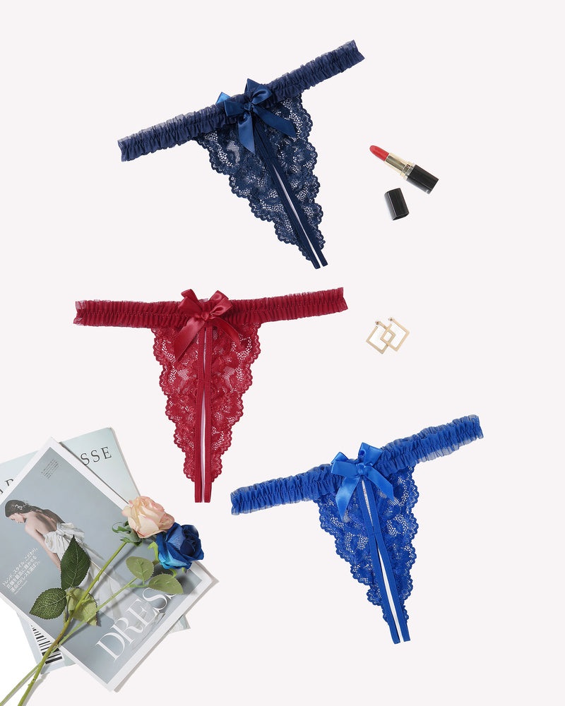 Avidlove floral lace thong panties. Sexy lingerie with bow and ruffle trim in navy, red, and blue.