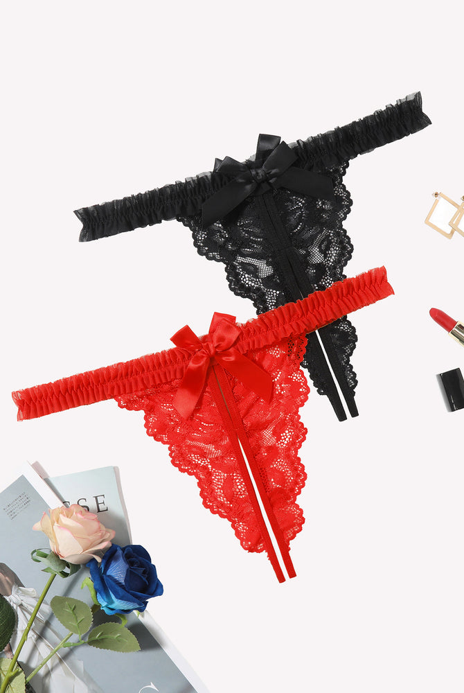 Avidlove floral lace thong panties in red and black with bow and ruffle trim, sexy lingerie