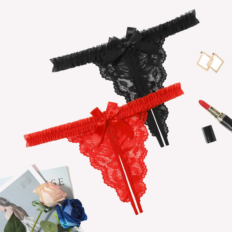 Avidlove floral lace thong panties in red and black with bow and ruffle trim, sexy lingerie