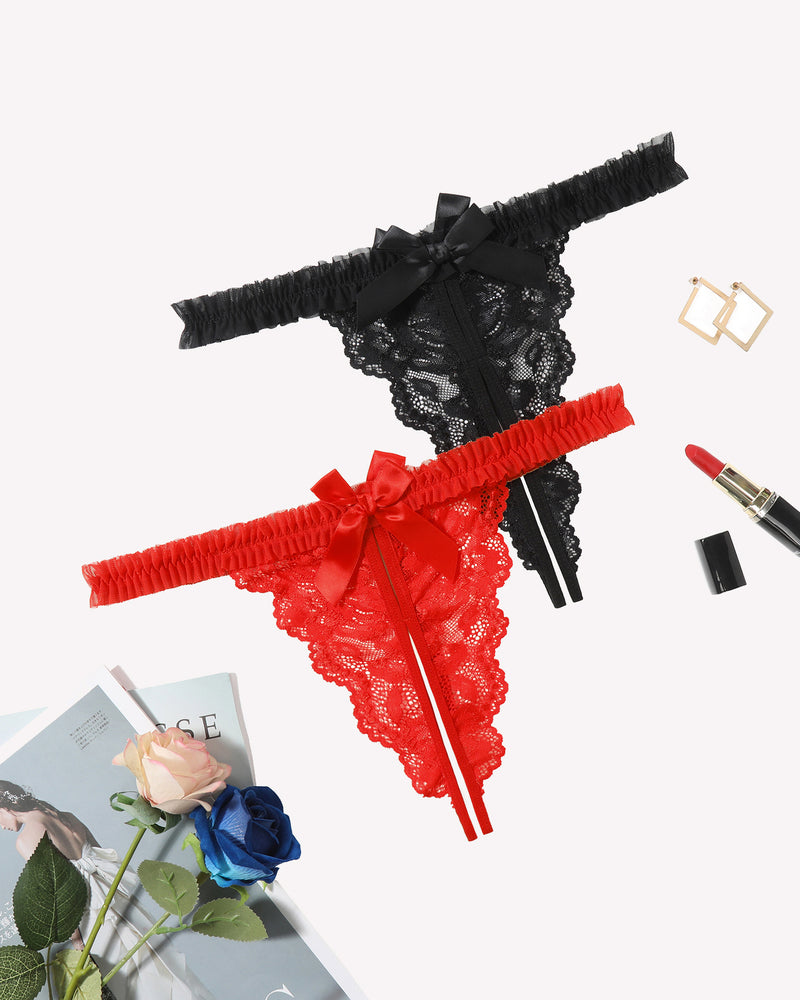 Avidlove floral lace thong panties in red and black with bow and ruffle trim, sexy lingerie