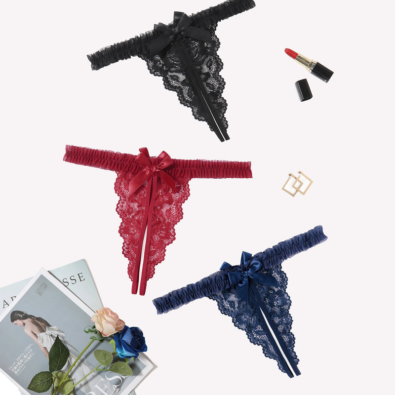 Avidlove Floral Lace Panties in Black, Red, and Navy Blue with Bow and Ruffle Trim, Sexy Lingerie