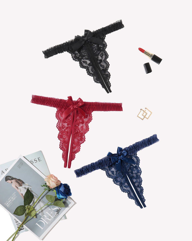 Avidlove Floral Lace Panties in Black, Red, and Navy Blue with Bow and Ruffle Trim, Sexy Lingerie
