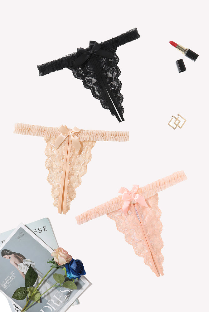 Avidlove floral lace thong panties: Black, beige, and peach lace lingerie with bow and ruffle trim.
