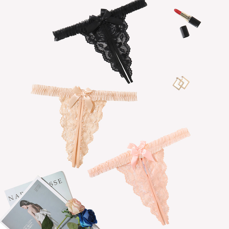 Avidlove floral lace thong panties: Black, beige, and peach lace lingerie with bow and ruffle trim.