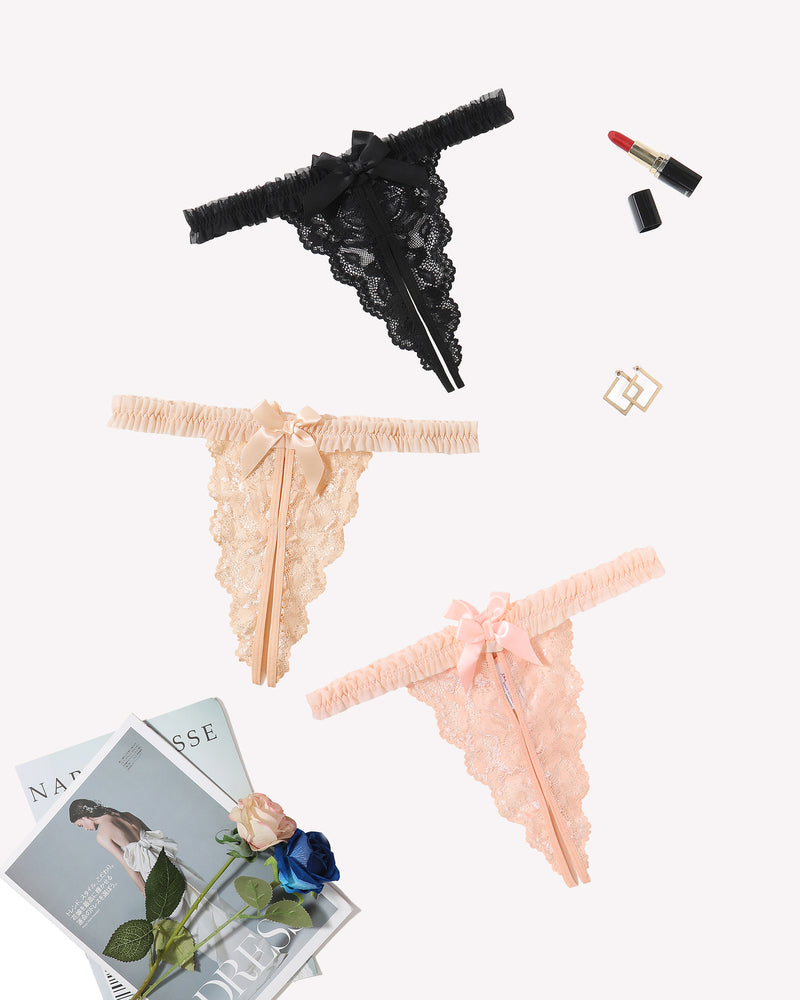 Avidlove floral lace thong panties: Black, beige, and peach lace lingerie with bow and ruffle trim.