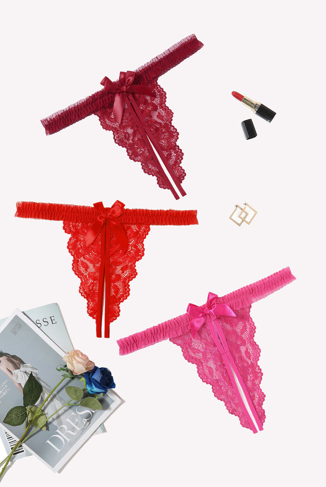 Red, pink, burgundy floral lace thong panties. Avidlove sexy lingerie with bow and ruffle trim.