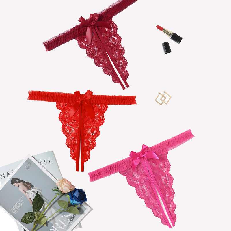 Red, pink, burgundy floral lace thong panties. Avidlove sexy lingerie with bow and ruffle trim.