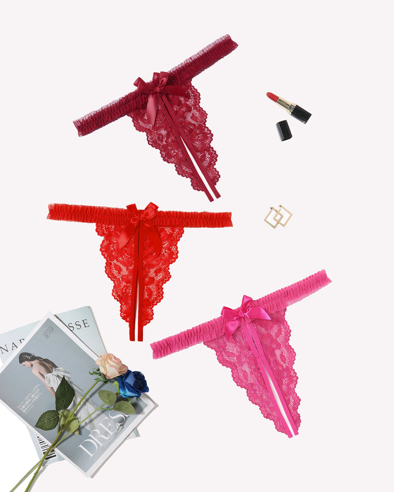 Red, pink, burgundy floral lace thong panties. Avidlove sexy lingerie with bow and ruffle trim.