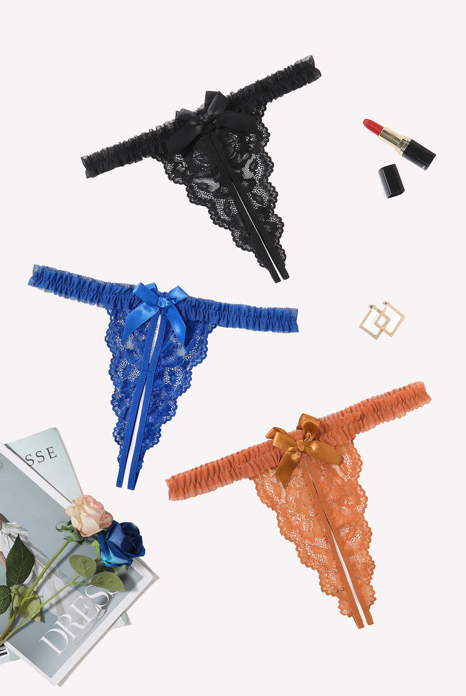 Avidlove floral lace open-crotch thong panties in black, blue, orange. Sexy lingerie with bow.