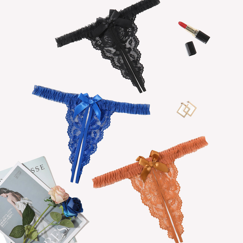 Avidlove floral lace open-crotch thong panties in black, blue, orange. Sexy lingerie with bow.