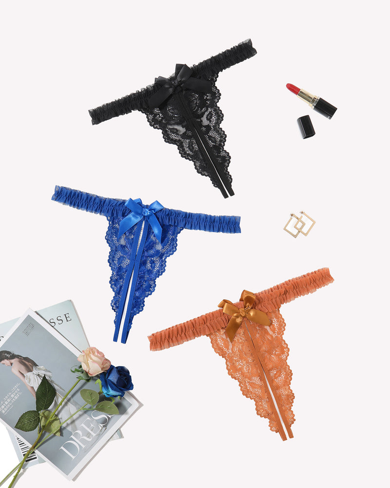 Avidlove floral lace open-crotch thong panties in black, blue, orange. Sexy lingerie with bow.