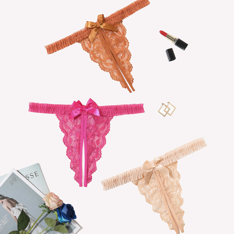 Avidlove lace panties in apricot, pink, and orange. Sexy lingerie with bow and ruffle trim.