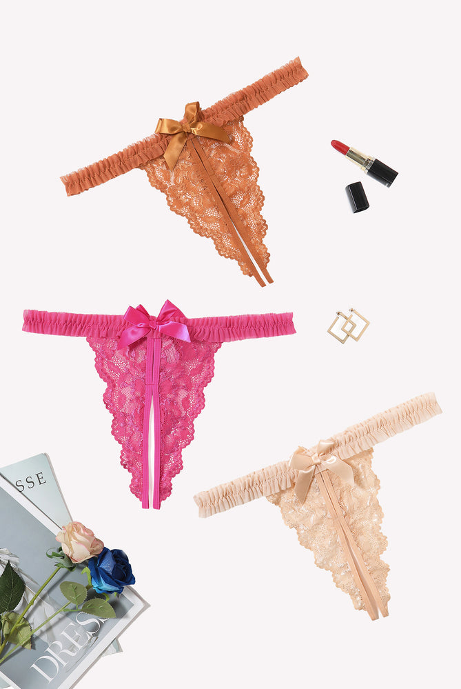 Avidlove lace panties in apricot, pink, and orange. Sexy lingerie with bow and ruffle trim.