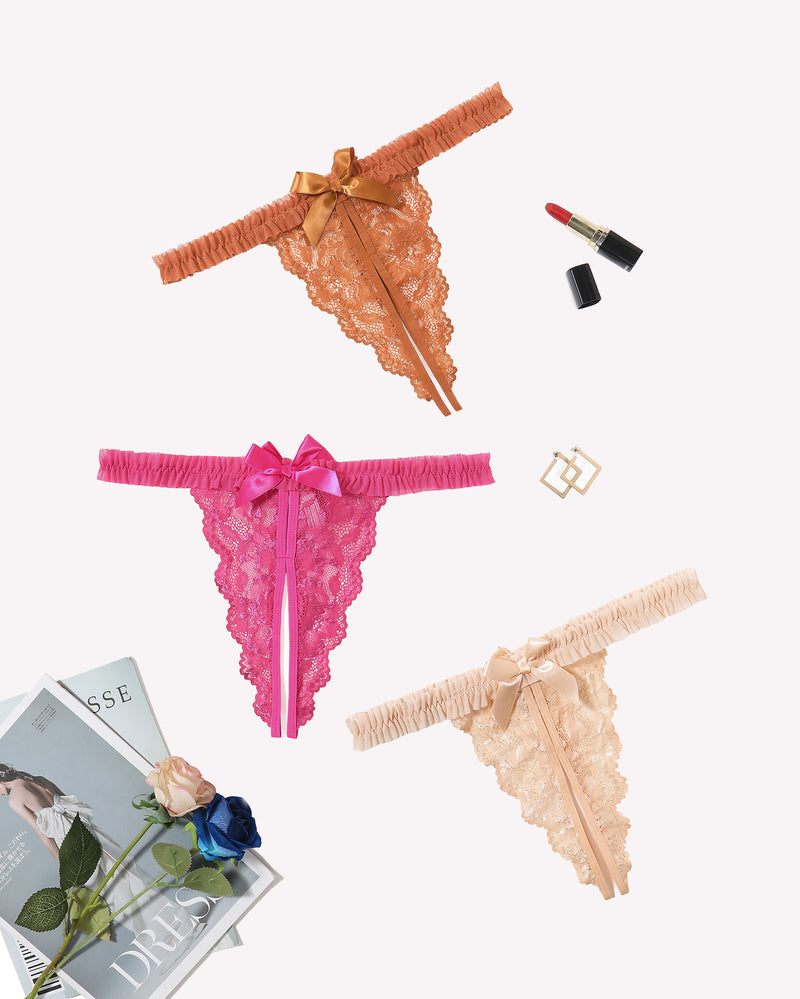Avidlove lace panties in apricot, pink, and orange. Sexy lingerie with bow and ruffle trim.