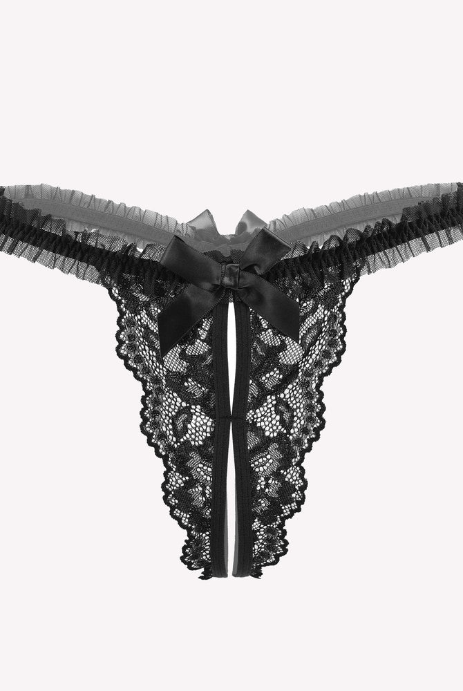 Black floral lace thong panties with bow. Sexy Avidlove lingerie for a confident, intimate look.