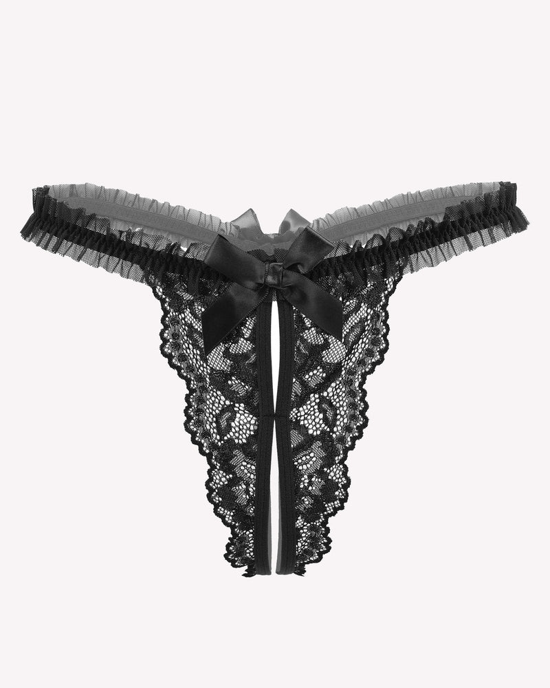 Black floral lace thong panties with bow. Sexy Avidlove lingerie for a confident, intimate look.