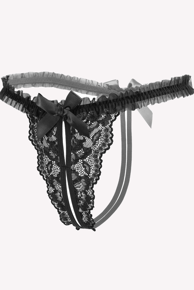 Avidlove black lace thong panties with bow and ruffle trim. Sexy lingerie for confidence.