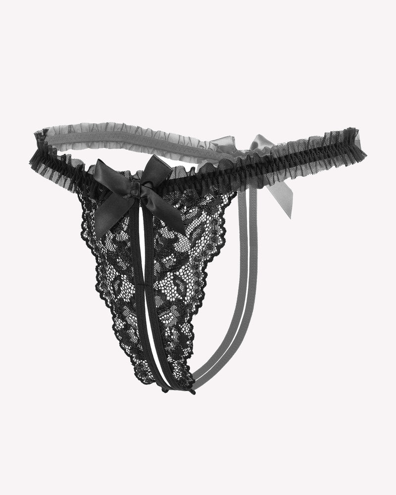 Avidlove black lace thong panties with bow and ruffle trim. Sexy lingerie for confidence.