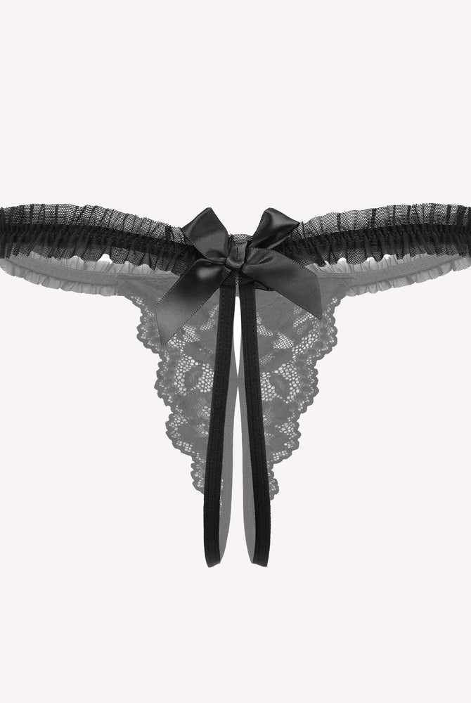 Avidlove black floral lace thong panties with bow and ruffle trim. Sexy lingerie for confidence.