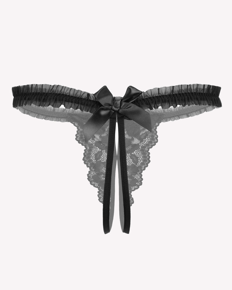 Avidlove black floral lace thong panties with bow and ruffle trim. Sexy lingerie for confidence.